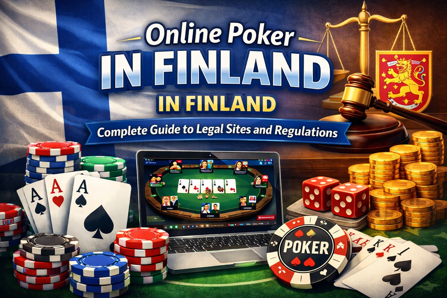 Online poker in Finland guide featuring Finnish flag, poker chips, playing cards, laptop with poker game, and legal scales representing regulations