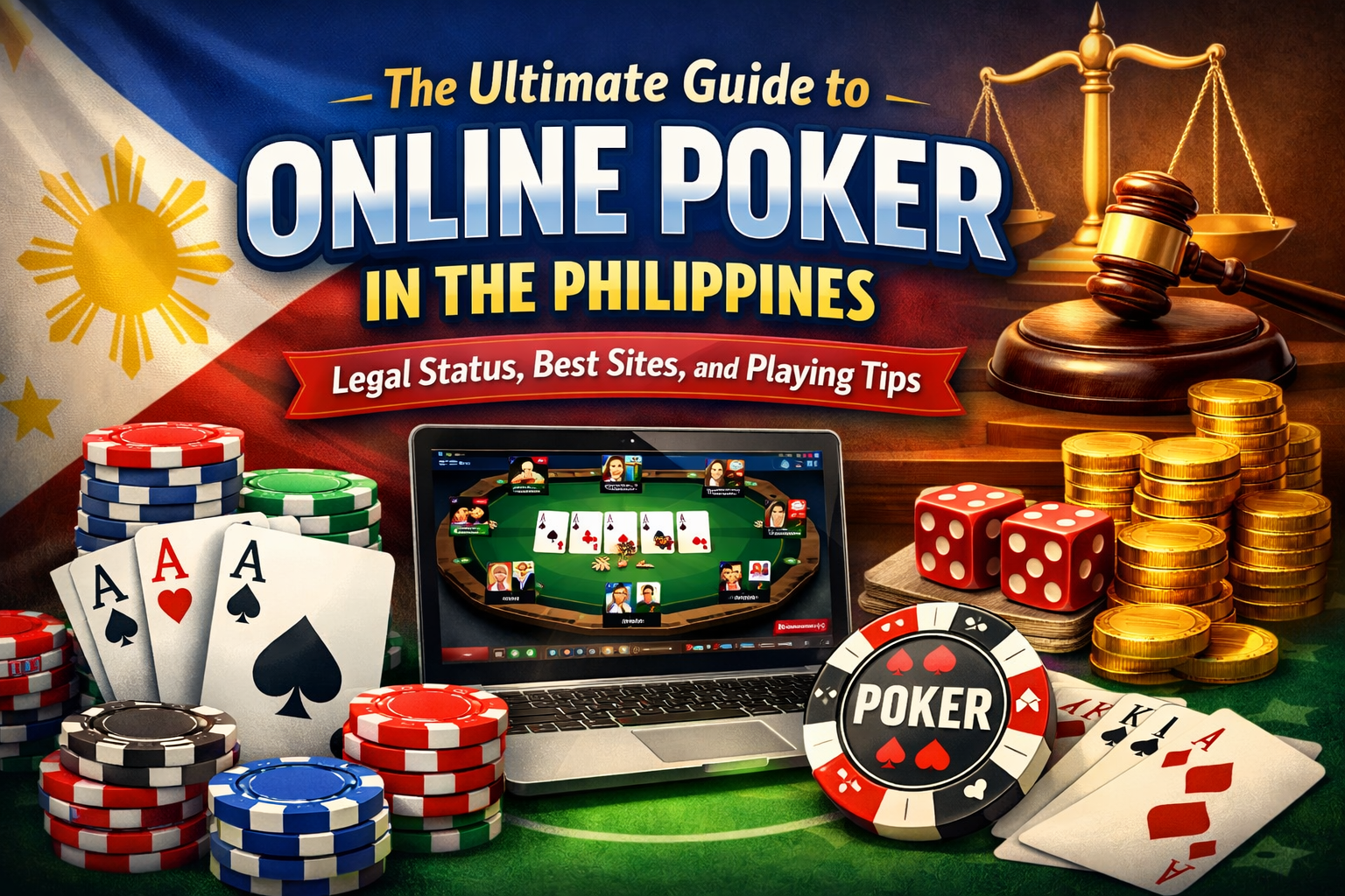 The Ultimate Guide to Online Poker in the Philippines - Legal Status, Best Sites, and Playing Tips with Philippine flag, poker cards, chips, and laptop showing poker game